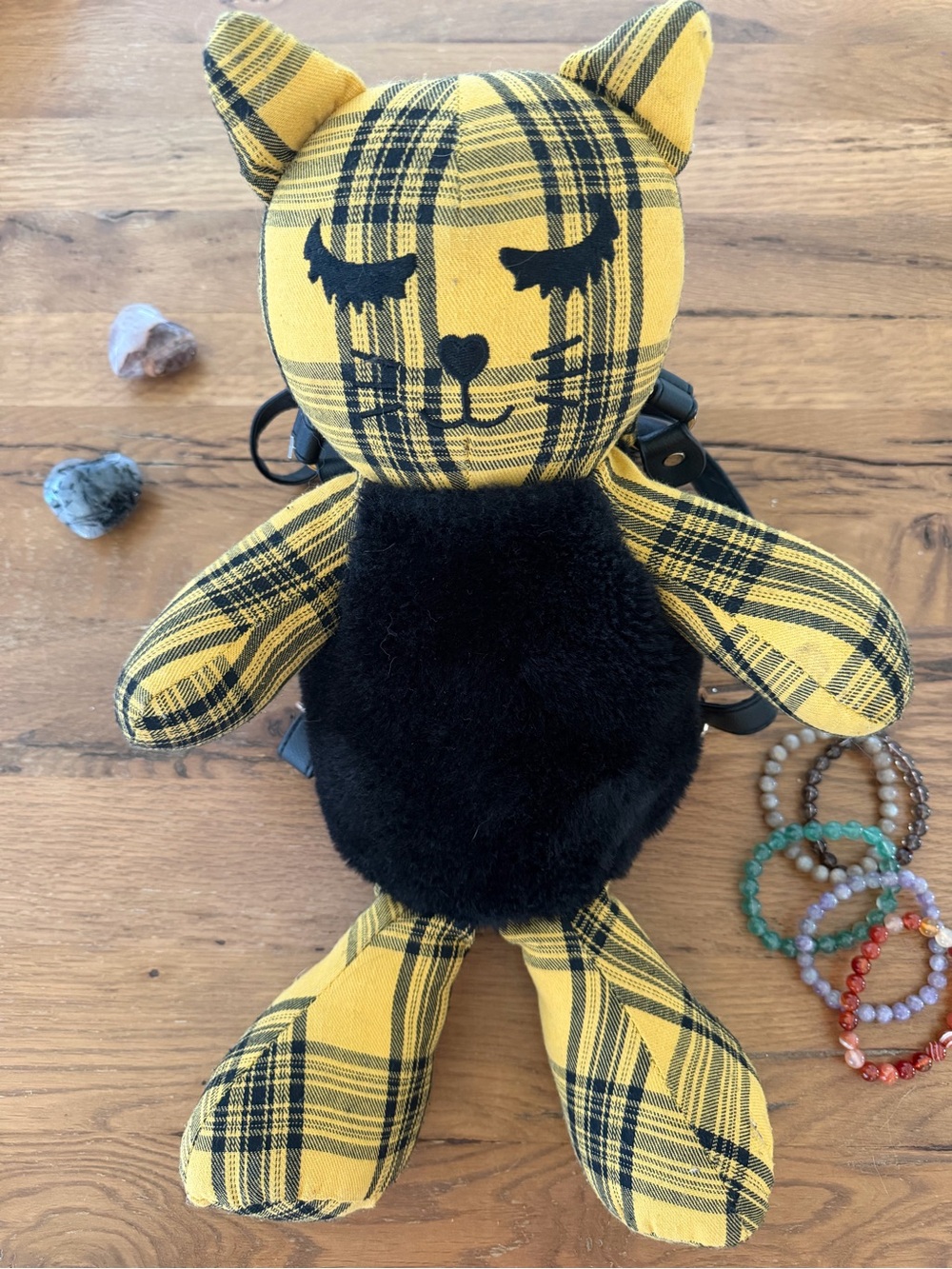 Rare Betsey Johnson Plush Cat Backpack | Yellow Plaid | Y2K